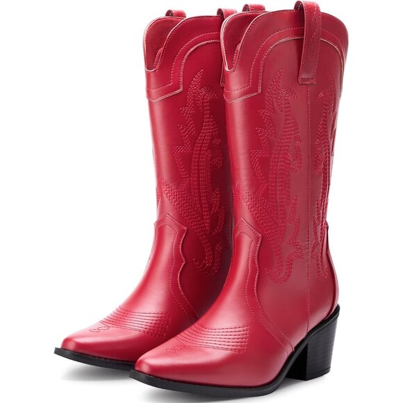 Women's Red Embroidered Pointed Toe Mid Calf Chunky Block Western Heel Boots - Picture 5 of 7